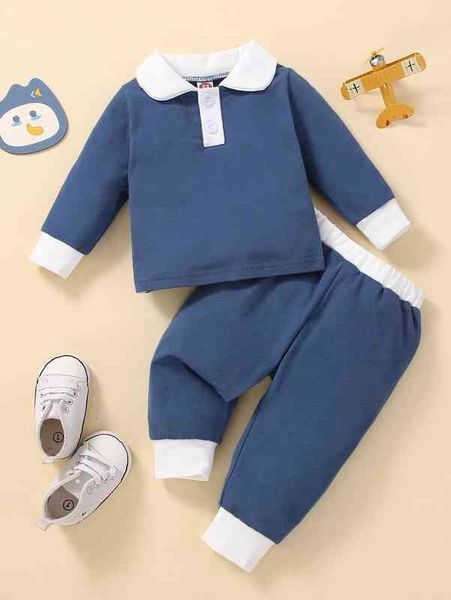 

baby contrast trim polo neck pullover & sweatpants she, White