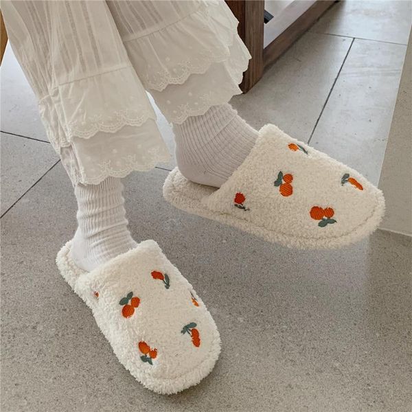 

fashion fruit cherry warm plush women slippers ladies home anti-slip soft comfortable house flat shoes winter cute cotton slides, Black