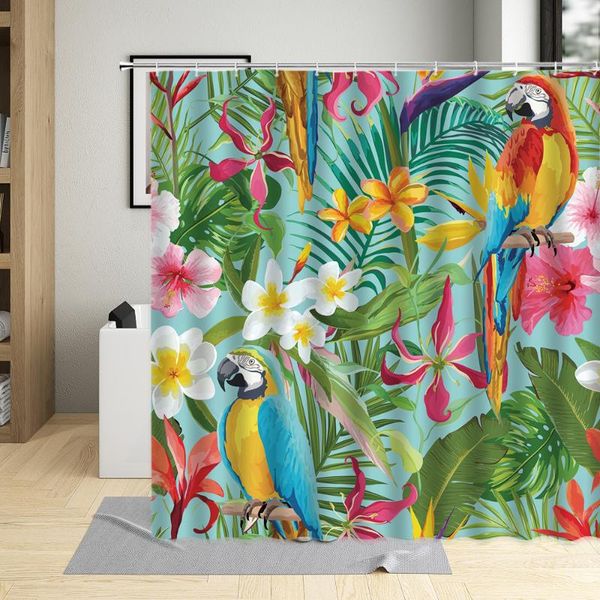 

shower curtains summer tropical green plants parrot flower leaves bathroom decor palm leaf bird animal curtain with hooks sets