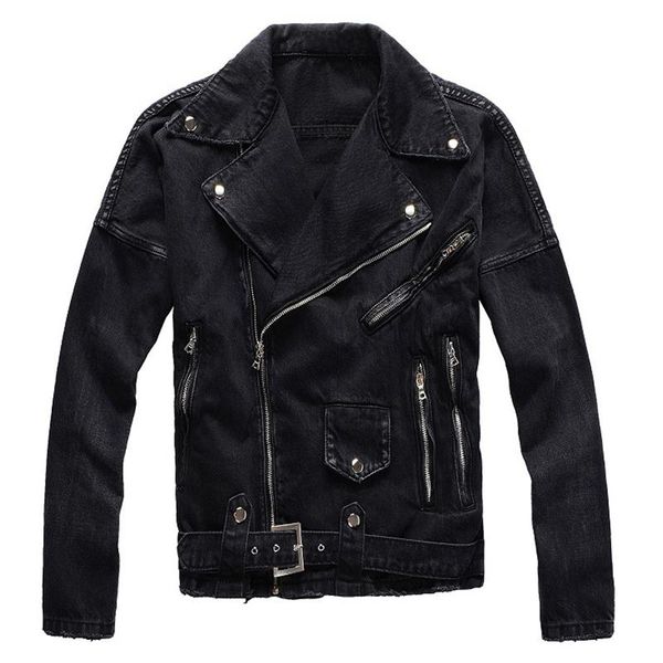 

zippers black biker jean jacket streetwear thick denim slim coat with belt high quality, Black;brown