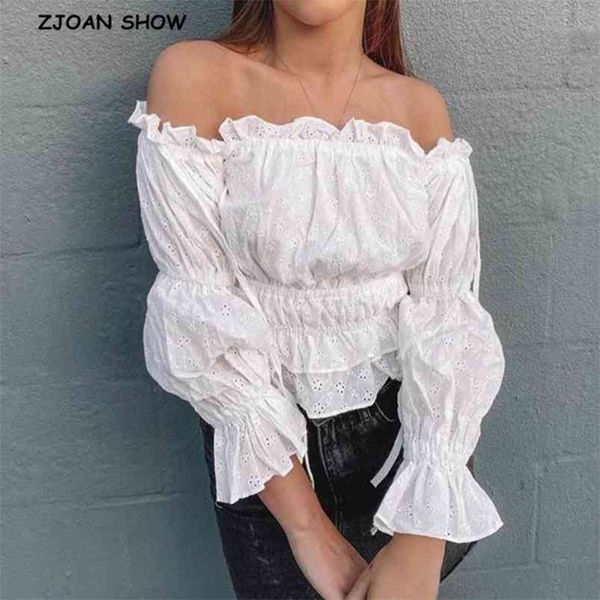 

women white embroidery hollow out hole wood ears off shoulder leg sleeve shirt retro elastic ruched short blouse sweet 210429