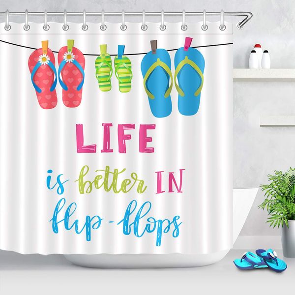 

summer flip flop shower curtain decor, life is better in flip flops with floral striped hanging slippers shower