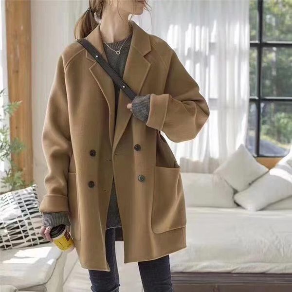 

autumn and winter of 2021 fashion suit double faced woolen coat fedora silhouette small tweed women's wool & blends, Black