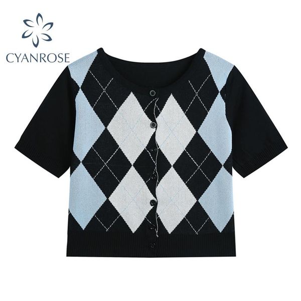 

women's blouses & shirts preppy style knitted crop cardigan 2021 black&blue diamond-shaped lattice patchwork o neck buttons vintage, White
