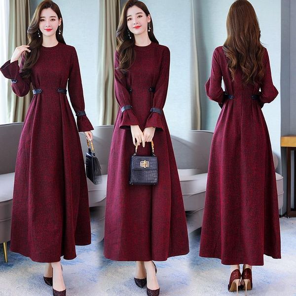 

casual dresses 2021 spring women dress o-neck long vintage solid color flare sleeve a-line vestidos plus size 4xl k361, Black;gray