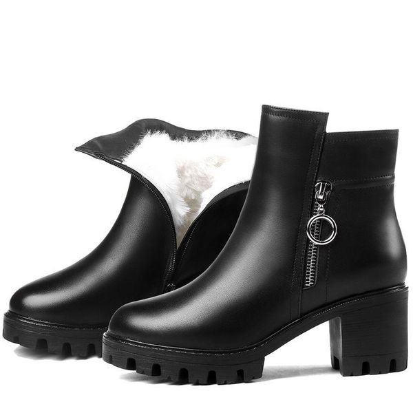 

boots ankle lace up pu women with fur ladies shoes plus size heels black drop 2021