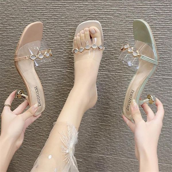 

slippers women's shoes 2021 wear korean version of the net red transparent rhinestone stiletto heel sandals and, Black