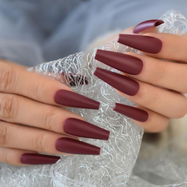 

false nails dark red press on nail full cover artificial tips extra long coffin shape matte fake, Red;gold