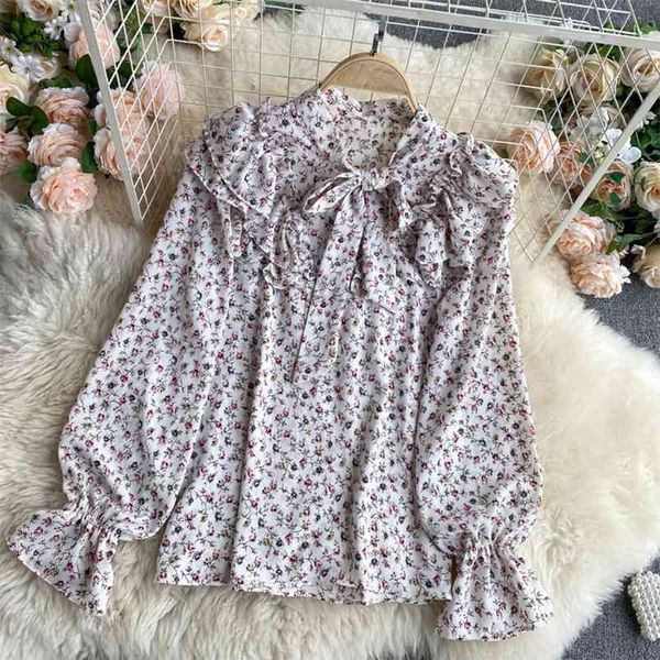 

spring autumn floral chiffon stand-up collar shirt women's ruffled slim fit puff sleeve women uk699 210507, White