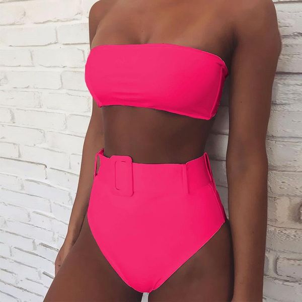 

women's swimwear high saist bikini 2021 mujer solid swimsuit with belt women tube brazilian neon pink biquini set swimming suit, White;black