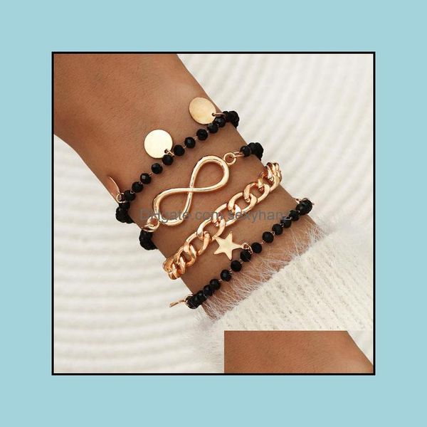 

charm bracelets jewelry s1674 fashion black beaded circar star chain beads bracelet 4pcs/set set drop delivery 2021 shcba, Golden;silver
