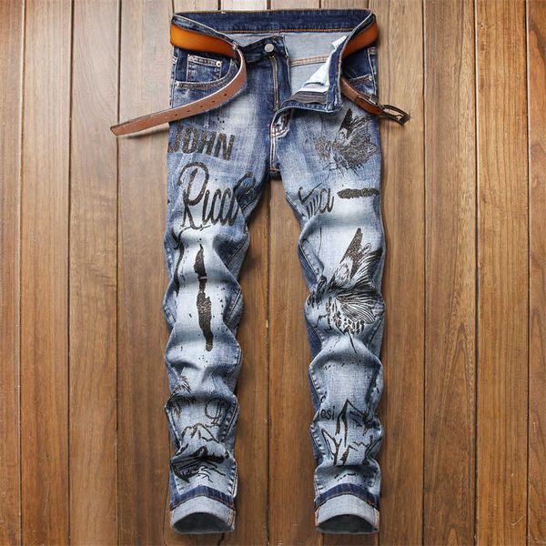 

jeans men's fashion men's thin small straight pants personality light color street printed 5683, Blue