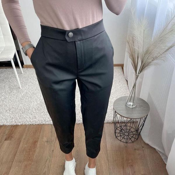 

women's pants & capris xmax fashion style solid faux leather women elegant ankle length trousers casual pockets pu pencil ladies, Black;white
