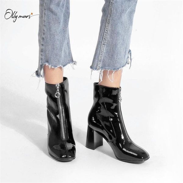 

boots ollymurs fashion black patent leather women ankle square toe front zip chunky high heel autumn shoes woman 4lwd