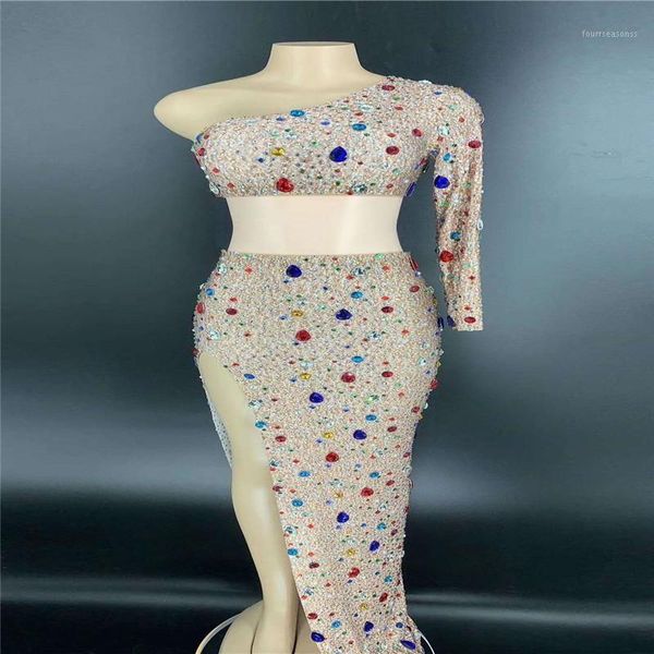 

party decoration v62 catwalk stage dance costumes rhinestones split evening dress birthday celebrate crystal outfits diamonds skirt model we