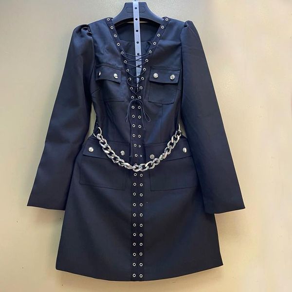 

casual dresses cool eyelets and drawstrings long sleeve women suit dress street chic metal chain belted v-neck, Black;gray