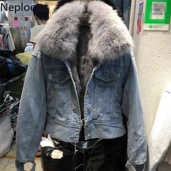 

autumn winter slim fit denim jacket women thick patchwork fox fur collar chaquetas mujer student coat 46183 210422, Black;brown