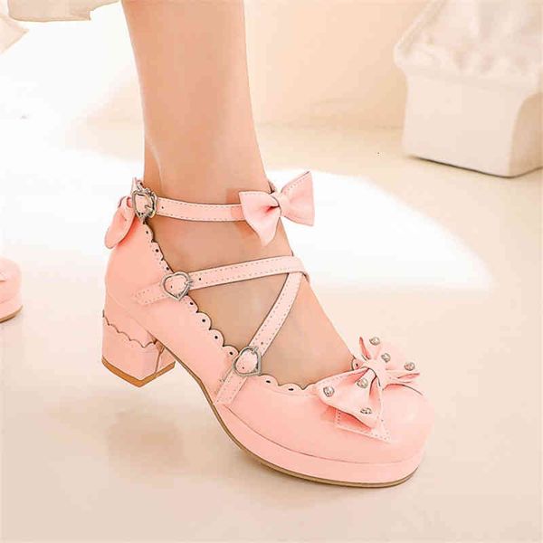 

dress shoes pxelena 5 candy color princess lolita mary janes women cross strap bow knot girls high heel cosplay pumps pink white 34-45 izer, Black