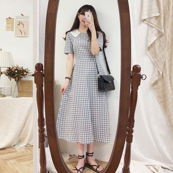 Menina de menina xadrez meninas mais tamanho verão joelho vestido boho fêmea imprimir manga curta mulheres vestidos robe vestido 210417