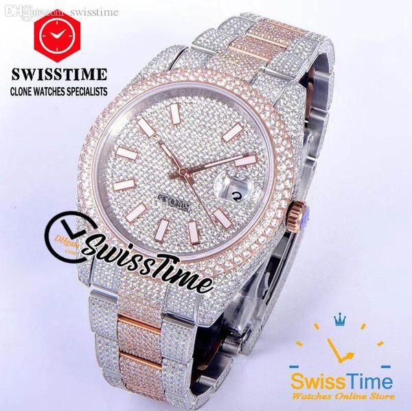 

v3 updated 126300 126301 126334 126333 watches eta2824 automatic mens watch stick markers dial 904l two tone rose gold bling iced out full d, Slivery;brown