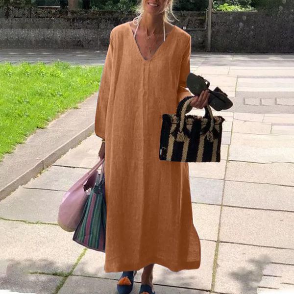 

plus size women v neck long sleeve midi dress zanzea autumn sundress elegant solid cotton linen vestidos kaftan robe femme casual dresses, Black;gray