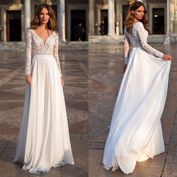 

wedding dress charming long sleeve beach v-neck sweep train lace chiffon bridal gowns a line bride dress, White