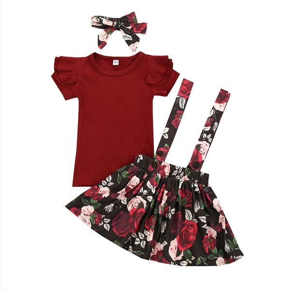 

infant baby girls clothing set, flying sleeve t shirt flower print suspender skirt headwear three piece suit for birthday party, White