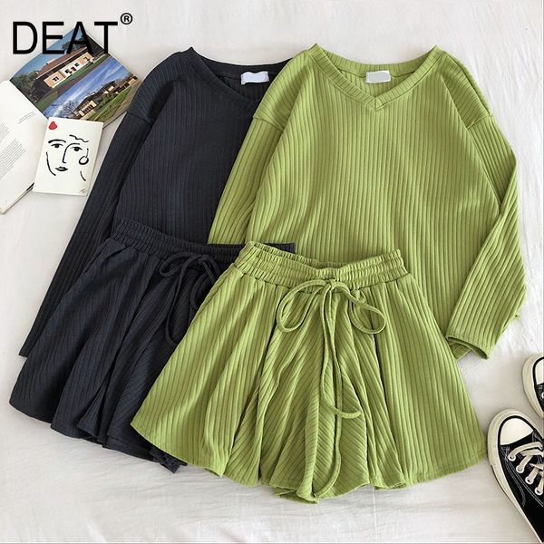 

summer fashion casual two piece set v neck long sleeve loose knit high waist elastic wide leg shorts mj096 210525, White