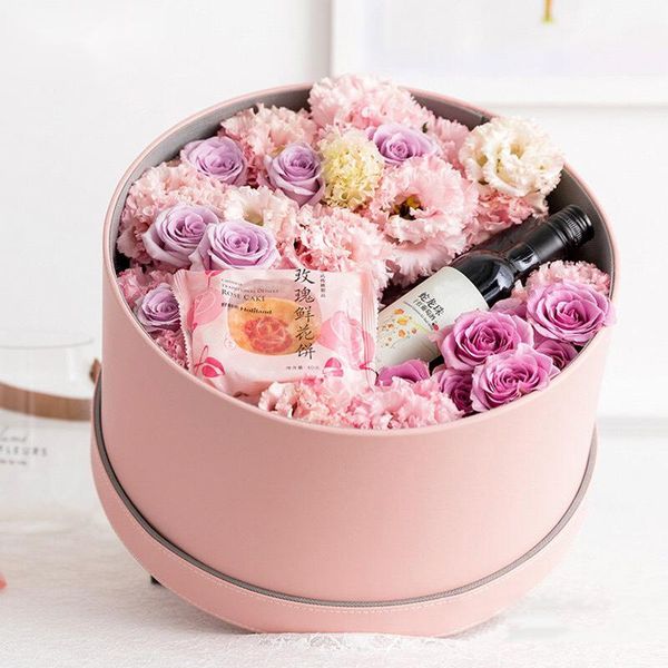 

round leather flowers box florist bouquet rose flower packaging gift storage holder with lid wedding party favors wrap