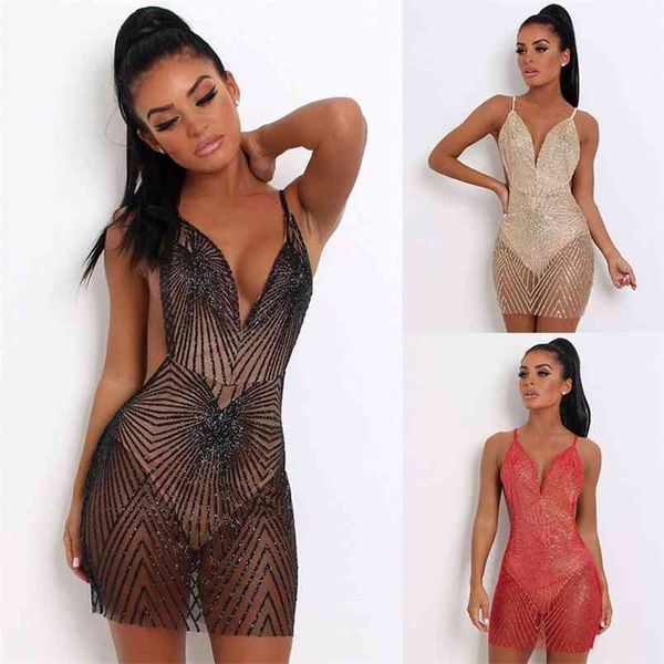 Kadın Elbiseler Mesh Spagetti Kayışı Yaz Glitter Parti Elbise Katı Bling Seksi Giysi V Boyun Backless Clubwear 210517