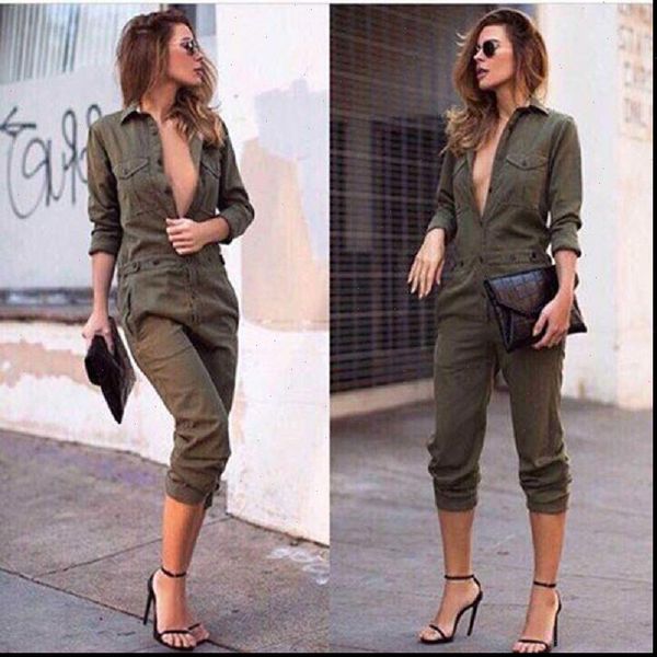 

vintage long pants women jumpsuits slim bodycon sleeve army green solid casual cargo, Black;white