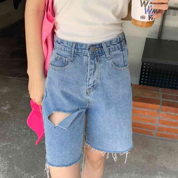 

women's shorts summer new chic fashion ripped high waist loose blue wide-leg jeans women all-match korean casual denim m94y, White;black