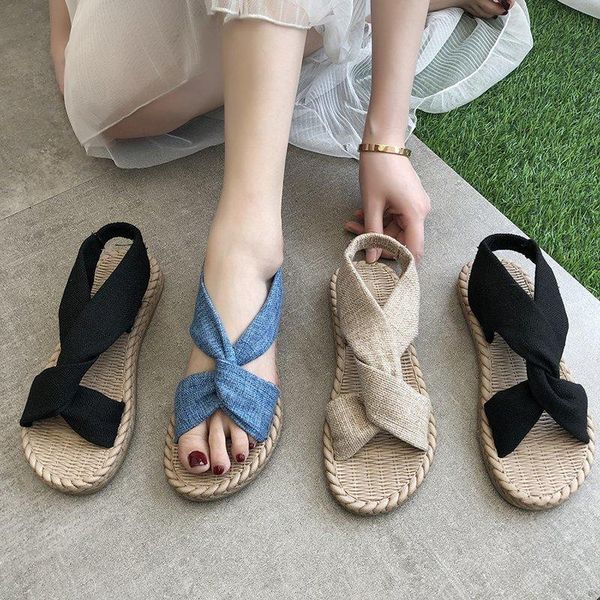 

sandals elastic band straw shoes women 2021 summer suit female beige shallow mouth strappy heels flax cross slip-on handmade bla, Black