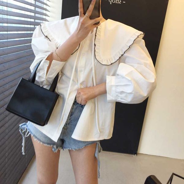 

elegant ruffles big tunrn down collar patchwork solid blouse women casual long sleeve blusas spring loose shirt feminin 210526, White
