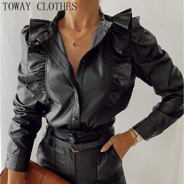 

women's blouses & shirts causal ruffled buttons design pu leather long sleeve womens and blouse, White