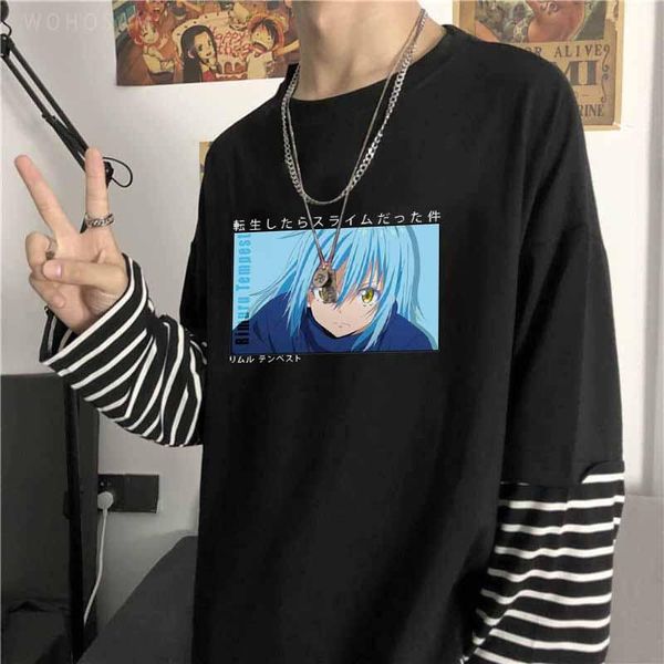 

men's t-shirts harajuku anime that time i got reincarnated as a slime striped t shirts funny manga rimuru tempest printed long sleeve t, White;black