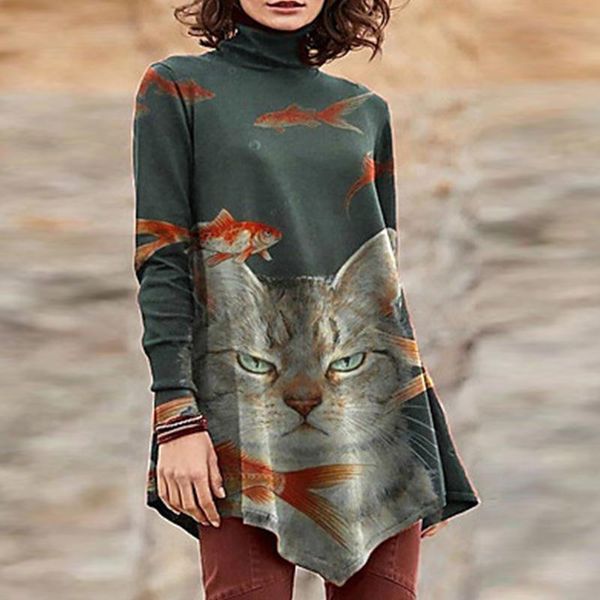 

women's blouses & shirts vintage 3d cat print blouse women fashion long sleeve irregular turtleneck casual shirt 2021 autumn pullover l, White