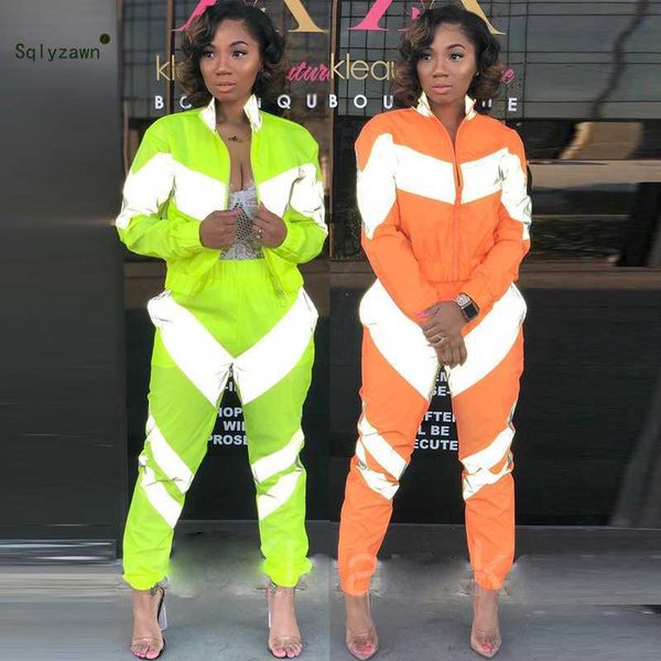 

women long sleeve fluorescent green jacket 2 piece set reflective neon patchwork pants outfit spring sweatsuits zipper tracksuit 210709, White
