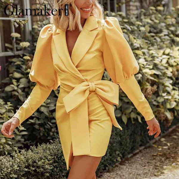 

glamaker yellow lantern sleeve autumn dress women office elegant short dress fashion ladies bodycon party club dress 210412, Black;gray