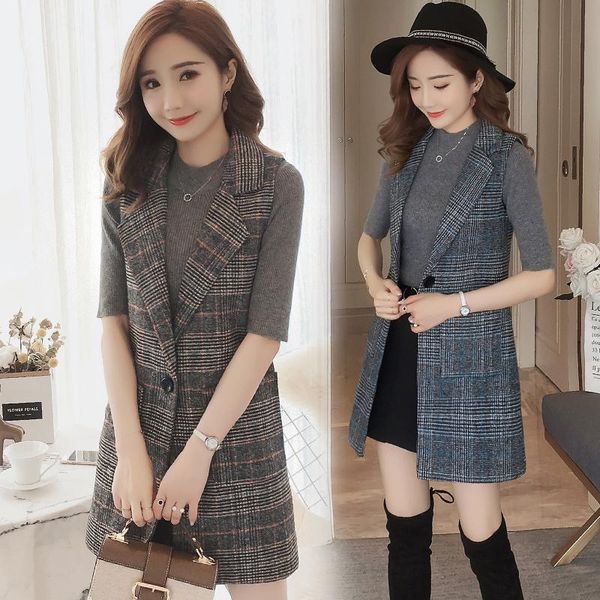 

women's vests plaid suit vest female spring and autumn large size 2021 retro sleeveless fashion long section parka, Black;white