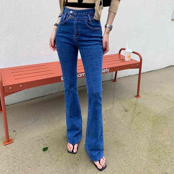 Elastic algodão denim estilo coreano cintura alta lavada outono azul escuro botão casual flare calças jeans mulheres 756i 210420