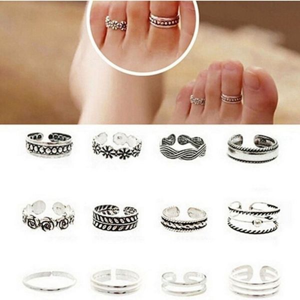 

12pcs rings lady unique adjustable opening finger ring retro carved toe ring foot beach foot jewelry, Silver