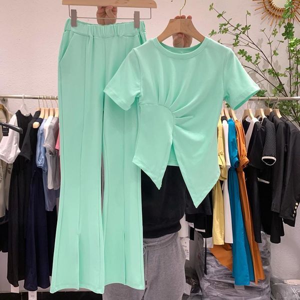 

women's two piece pants tracksuit summer o-neck short sleeve slim split tshirt + high waist flare korean sports suits female, White