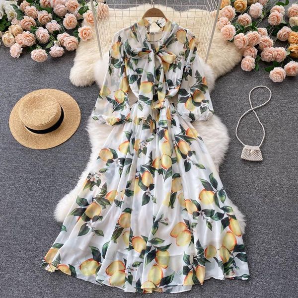 

casual dresses ly varey lin spring autumn women holiday style print bow lace-up puff sleeve dress female floral high waist a-line long, Black;gray
