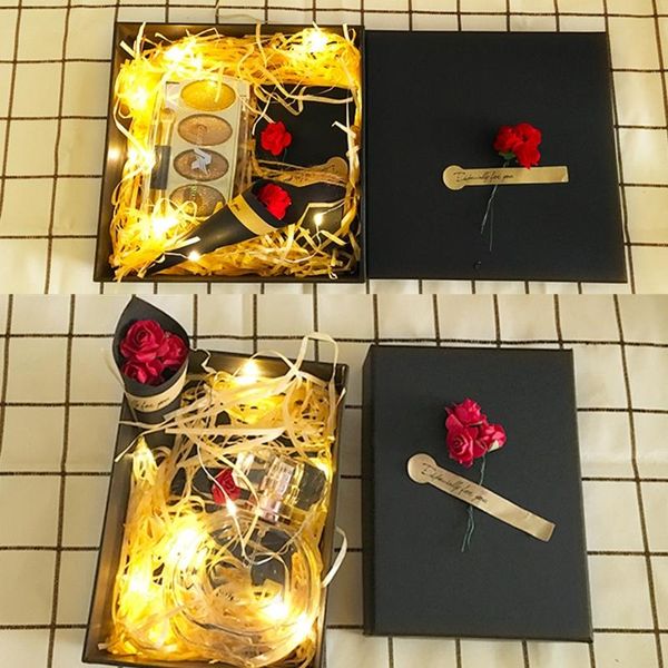 

black kraft paper gift box with roses simple design present container lid wrap
