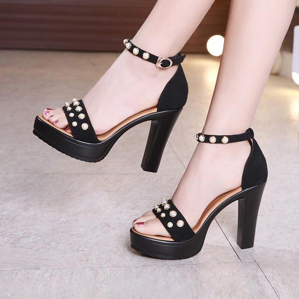 

taiwan model catwalk shoes women's waterproof platform word buckle with fish mouth high heels thick sandals, Black