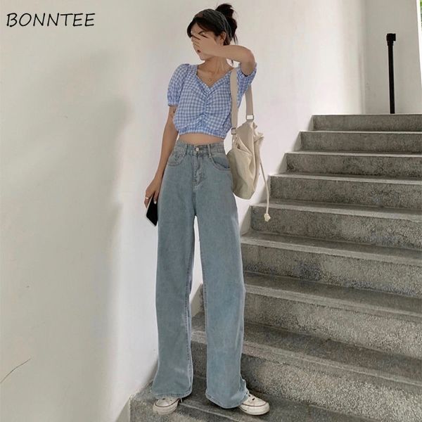

jeans women full length wide leg denim solid vintage high waist all-match womens trousers fashion korean chic daily leisure new, Blue