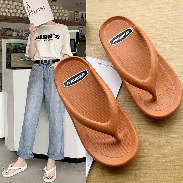 

slippers casual women's leather flip flops summer round head ladies white beach shoes non slip chunky black woman
