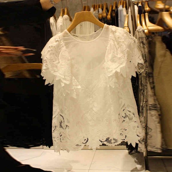 

summer new short-sleeved o neck lace hollow out white womens 210421