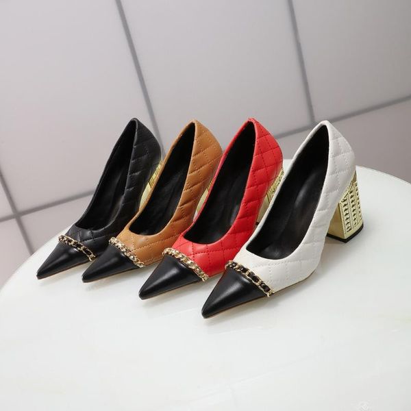 

dress shoes women party pointed toe slip on pumps ladies square heels metal decoration genuine leather designer zapatillas mujer, Black